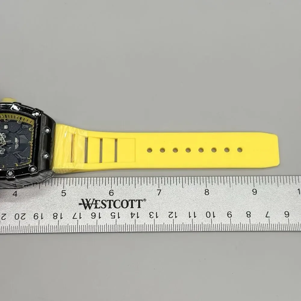 Mens Black Tonneau Watch Yellow Silicone Strap Quartz Sport Fashion Yellow Accen